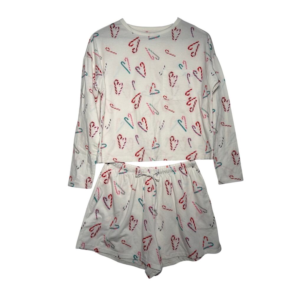 Colsie Candy Cane Pajamas Set Womens S White Pattern LS/Shorts Sleepwear Lounge